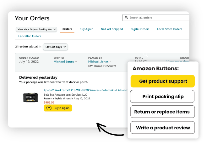 Get Product Support button on an Amazon order screen for a printer