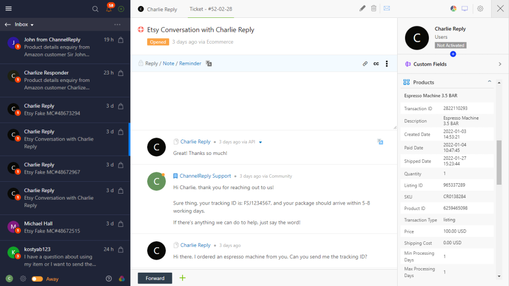 Email conversation with an Etsy customer in Onsite Support with product ordered details