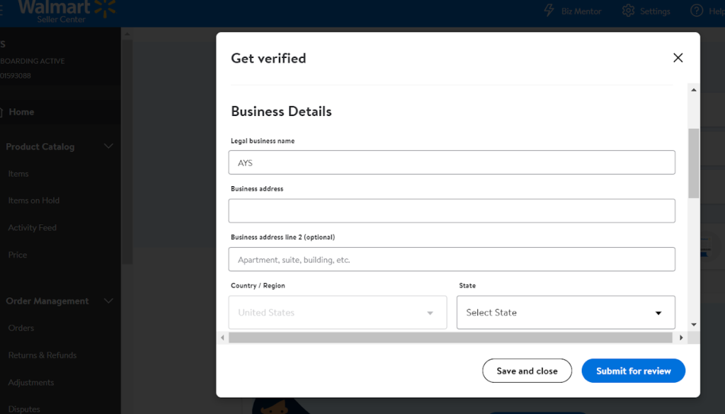 Business details required to start selling on Walmart Marketplace
