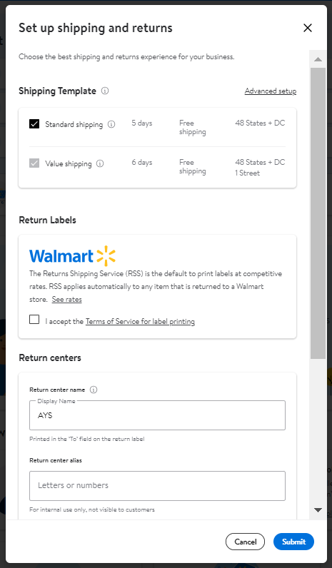 Setting up shipping templates, return labels, and return centers on Walmart Marketplace during seller application